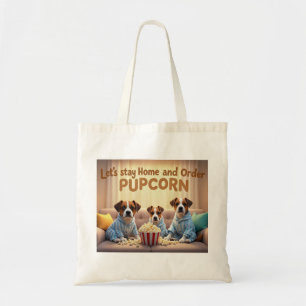 Laten we thuis blijven en Pupcorn Cartoon-honden b Tote Bag