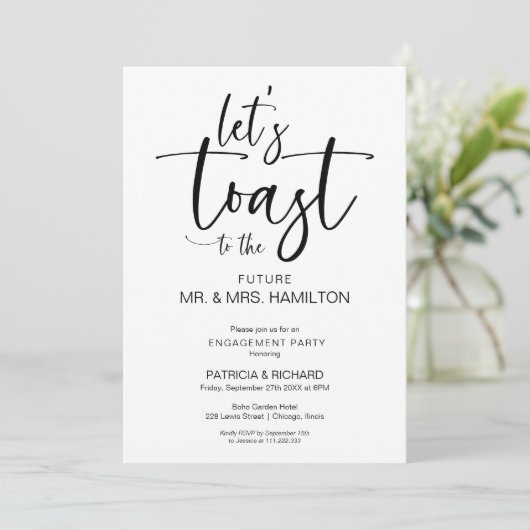 Laten we toast chic kalligrafie verlovingsfeest kaart (Staand voorkant)