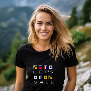 Laten we varen kleurrijke nautische vlaggen donker t-shirt