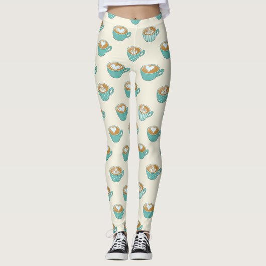 Latte Art in Cute Blue Coffee Mugs Leggings (Voorkant)