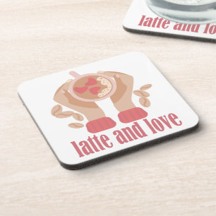 Latte en liefdesbeker, handen en koffie bier onderzetter