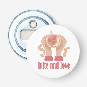 Latte en liefdesbeker, handen en koffie button flesopener