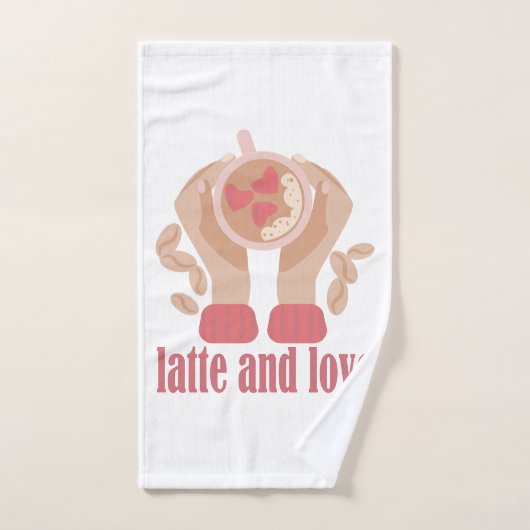 Latte en liefdesbeker, handen en koffie handdoek (Handdoek)