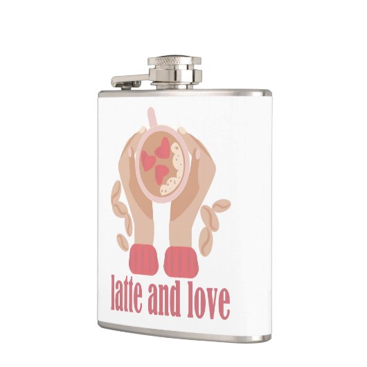 Latte en liefdesbeker, handen en koffie heupfles (Links)