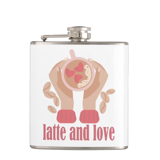 Latte en liefdesbeker, handen en koffie heupfles (Voorkant)