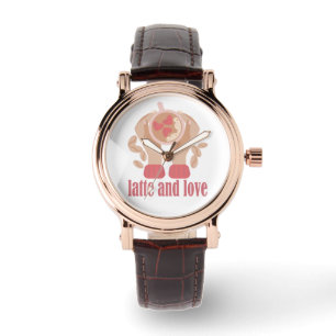 Latte en liefdesbeker, handen en koffie horloge