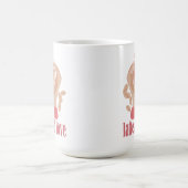 Latte en liefdesbeker, handen en koffie magische mok (Midden)