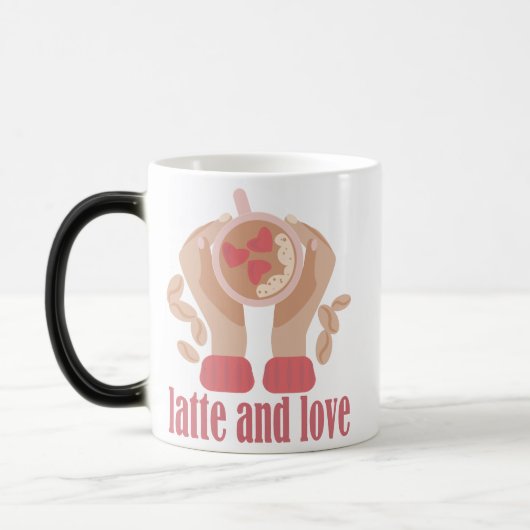 Latte en liefdesbeker, handen en koffie magische mok (Links)