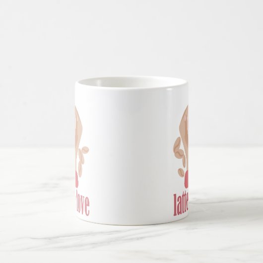 Latte en liefdesbeker, handen en koffie magische mok (Center)