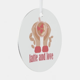 Latte en liefdesbeker, handen en koffie metalen ornament