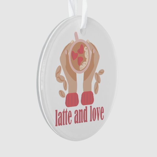 Latte en liefdesbeker, handen en koffie ornament (voorkant)