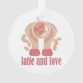 Latte en liefdesbeker, handen en koffie ornament (voorkant)