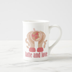 Latte en liefdesbeker, handen en koffie porselein kop