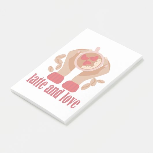 Latte en liefdesbeker, handen en koffie post-it® notes (Schuin)