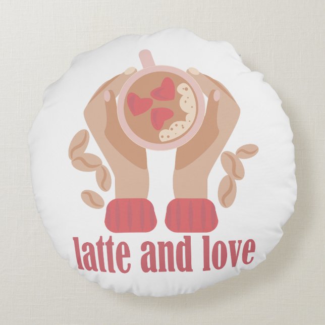 Latte en liefdesbeker, handen en koffie rond kussen (Achterkant)