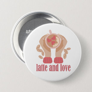 Latte en liefdesbeker, handen en koffie ronde button 7,6 cm