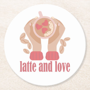 Latte en liefdesbeker, handen en koffie ronde kartonnen onderzetter