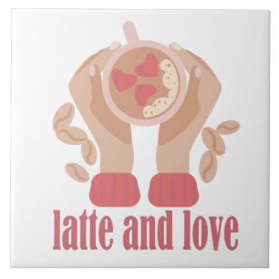 Latte en liefdesbeker, handen en koffie tegeltje