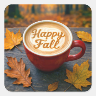 Latte Happy Herfst in een rode Mok met herfstblade Vierkante Sticker