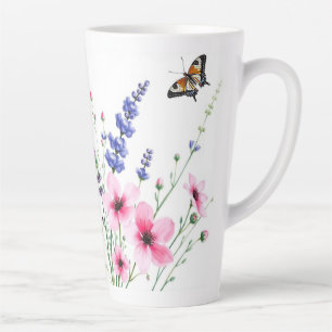 Latte Mok - Lavendel en Roze Bloemen, Vlinders