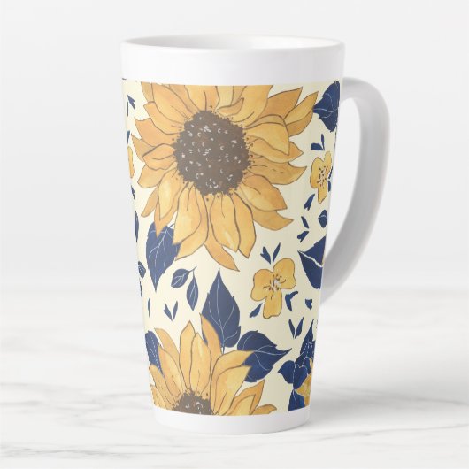 Latte Mok: marineblauw en geel zonnebloemen Latte Mok (Rechterhoek)