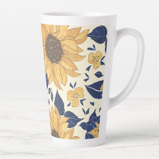 Latte Mok: marineblauw en geel zonnebloemen Latte Mok (Rechts)