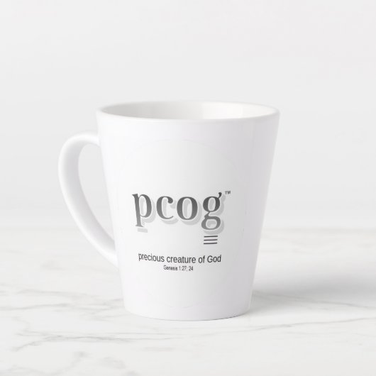 Latte Mug 12 oz flaired - "pcog" aconym and words Mok (Linkerhoek)