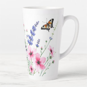 Latte Mug - Lavande et Fleurs roses, Papillons