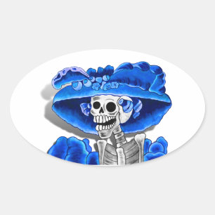Laughing Skeleton Woman in Blue Bonnet Ovale Sticker