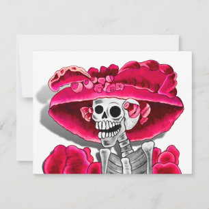 Laughing Skeleton Woman in Red Bonnet Kaart