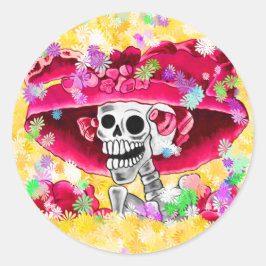 Laughing Skeleton Woman in Red Bonnet Ronde Sticker