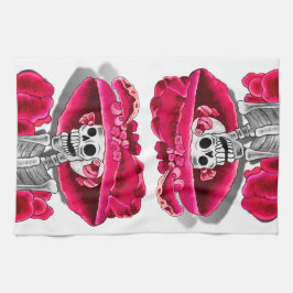 Laughing Skeleton Woman in Red Bonnet Theedoek