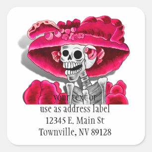 Laughing Skeleton Woman in Red Bonnet Vierkante Sticker