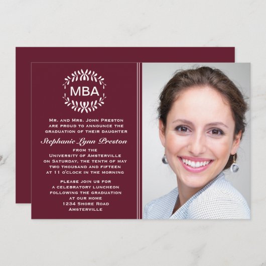 Laurel Branches Maroon Photo Graduation Invitation (Devant / Derrière)