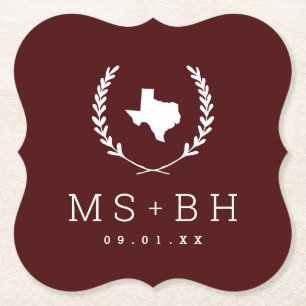 Laurel Crest Texas Bruiloft Monogram Bourgogne Kartonnen Onderzetters