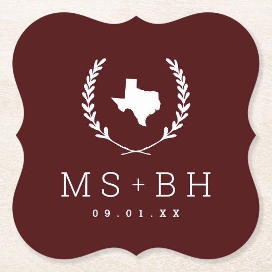 Laurel Crest Texas Bruiloft Monogram | Bourgogne Kartonnen Onderzetters (Voorkant)