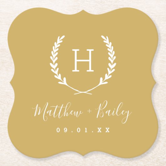 Laurel Crest Wedding Monogram | Mustard Yellow Kartonnen Onderzetters (Voorkant)