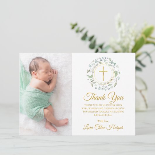 Laurel Floral Baptism, Christening Foto Bedankkaart (Staand voorkant)