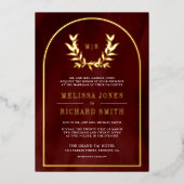 Laurel krans laat Bourgondische rode bruiloft goud Folie Uitnodiging (Voorkant)