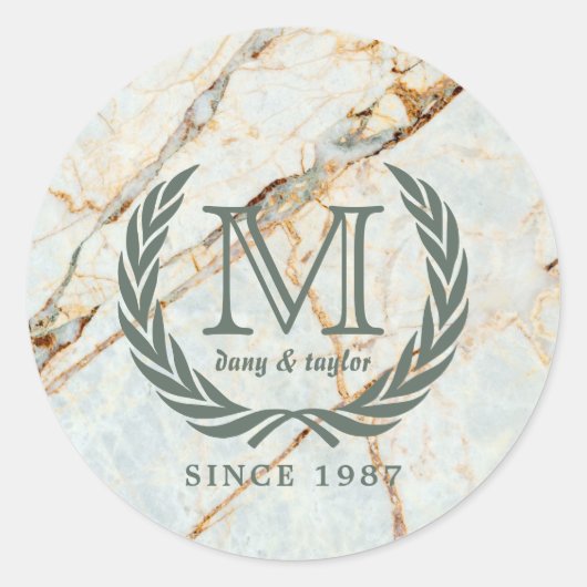 Laurel Leaf Classic Monogram Prachtige marmer Ronde Sticker (Voorkant)