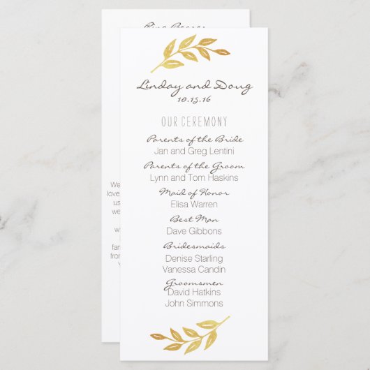Laurel Leaf Gold Wedding Programma (Voorkant / Achterkant)