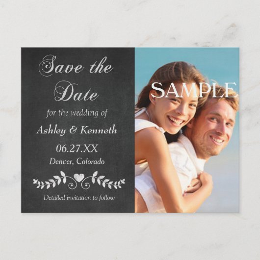 Laurel Leaf Heart Chalkboard Save the Date Briefkaart (Voorkant)