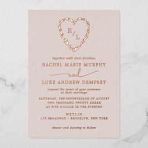 Laurel Leaf Heart Wreath Wedding Monogram Folie Uitnodiging