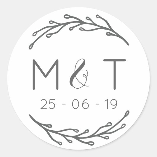 Laurel Leaf Initialen & Datum Bruiloft Stickers (Voorkant)