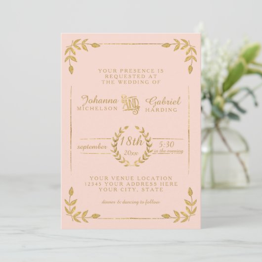 Laurel Leaf Modern Typography Blush Gold Wedding Kaart (Staand voorkant)