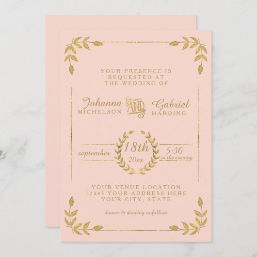Laurel Leaf Modern Typography Blush Gold Wedding Kaart (Voorkant / Achterkant)