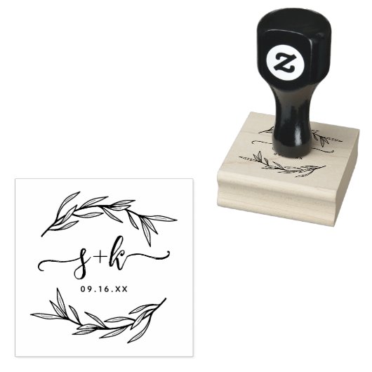 Laurel Leaf Script Koppels Monogram Opslaan De Dat Rubberstempel (Gestempeld)