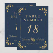 Laurel Leaf Typografie Navy Blue Gold Table Number Kaart (Voorkant / Achterkant)