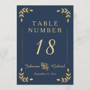 Laurel Leaf Typografie Navy Blue Gold Table Number Kaart