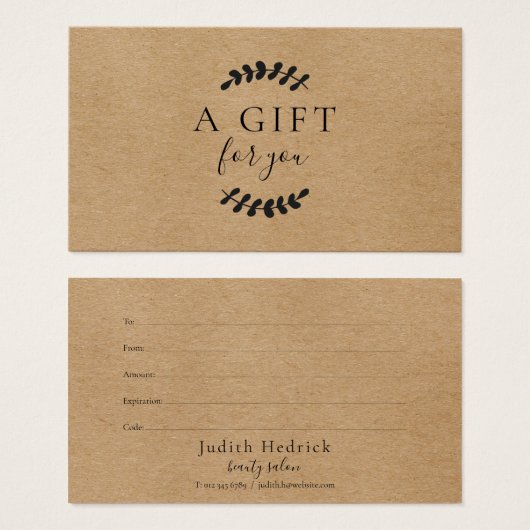 Laurel Leaves Rustic Kraft Cadeft Certificate Visitekaartje (Voorkant /achterkant)